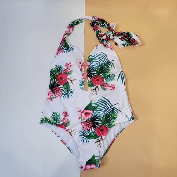 Begonia.K  Tropical Print Deep V-Neck Criss Cross Floral One Piece Swimsuit NEW - Picture 4 of 12